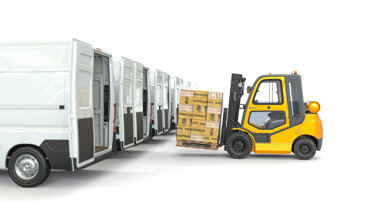 Forklift loading pallet onto delivery van